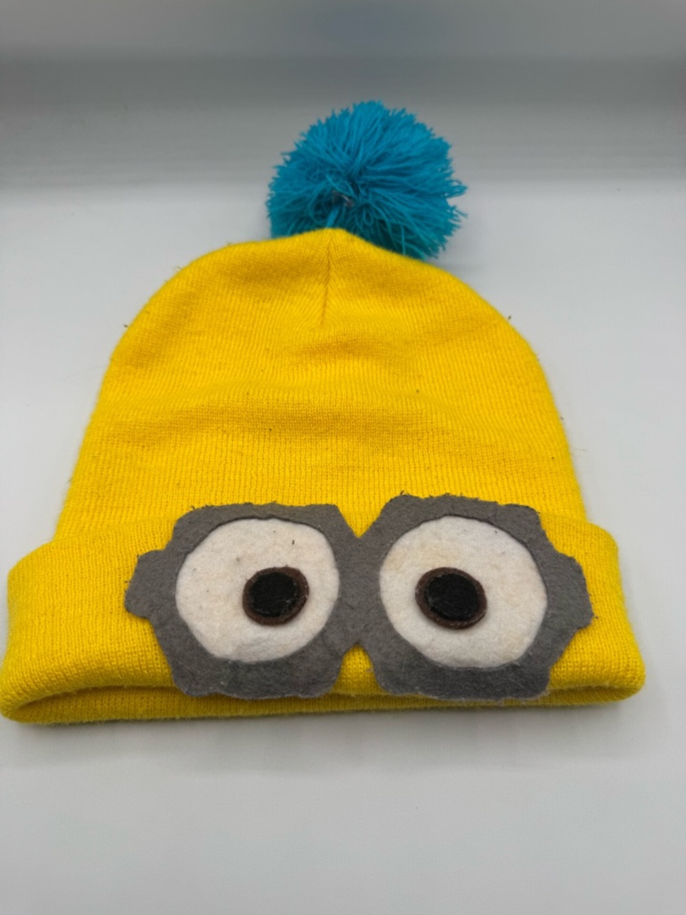 Yellow Kids Pom-Pom Beanie Hat with Character Eyes